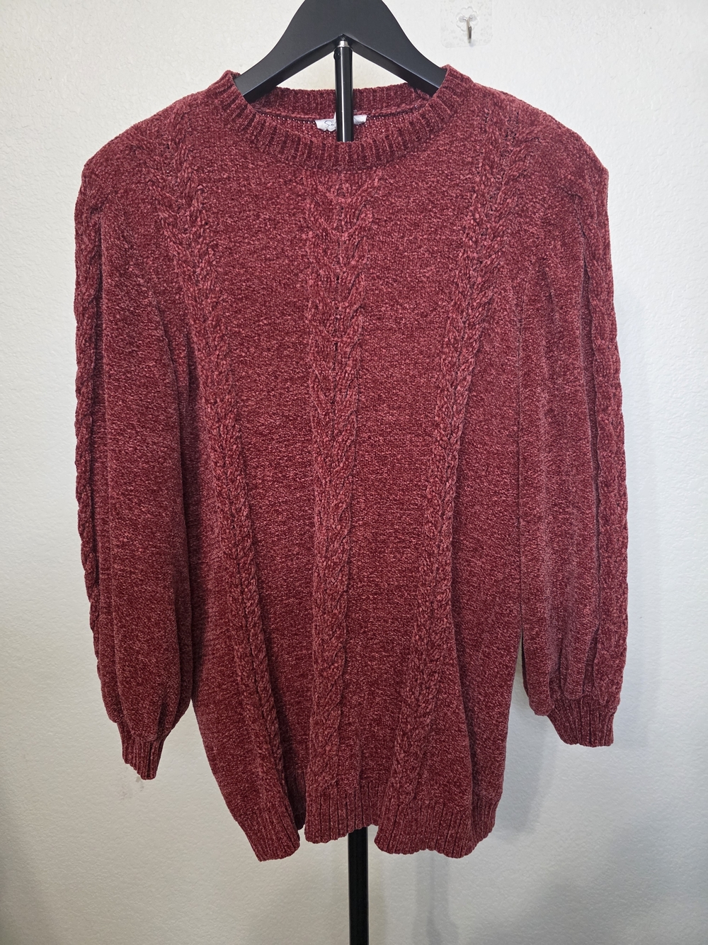 Jessica Simpson Chenille Cable Knit Sweater Maroon Puff Sleeve XL / 12
